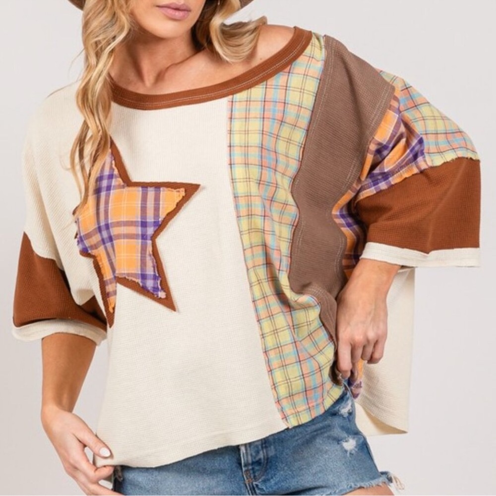 192. NWT Sage+Fig SHORT SLEEVE MULTI CONTRAST STAR PATCHWORK OVERSIZED SHIRT - Picture 5 of 8
